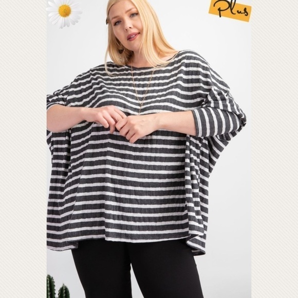 PLUS Size Gray Striped Boxy Slub Tunic Top - Picture 2 of 11